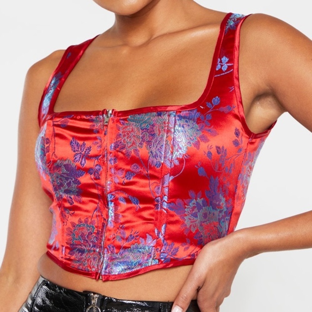 NWOT PrettyLittleThing Red and‎ Blue Satin Oriental Zip Front Corset Crop Top